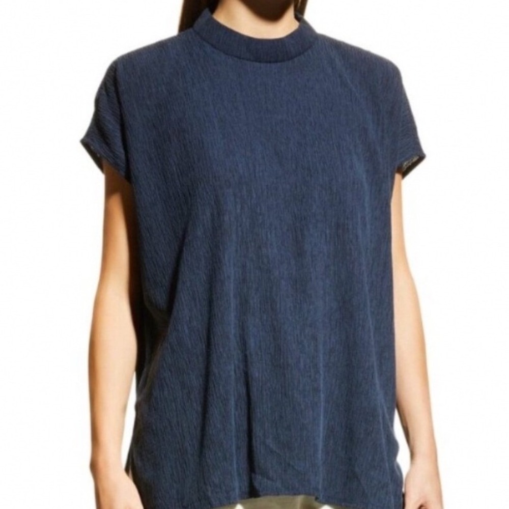 Eileen Fisher Mock Neck‎ Square Top Small Crinkled Tencel Blend Navy Blue Boxy